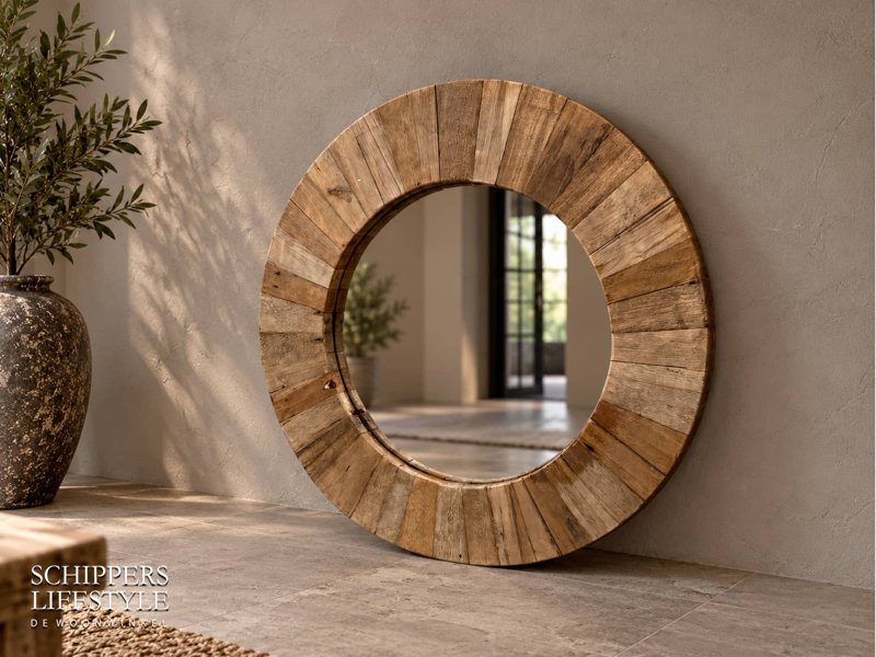 Ronde hardhouten spiegel 80 cm diameter