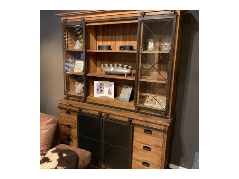 Teak Sideboard mit schwarzen Stahltüren