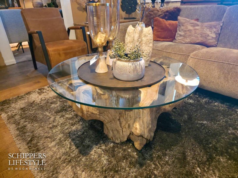 Teak houten tafel met glasplaat